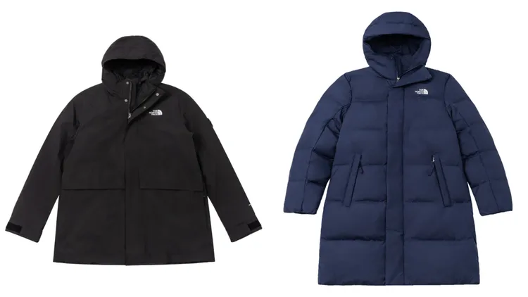 男款黑色DryVent防水透氣保暖連帽羽絨內裡三合一外套（左）1萬8380元、男款藍色DWR防潑水連帽長版羽絨外套（右） 1萬6880元。品牌提供