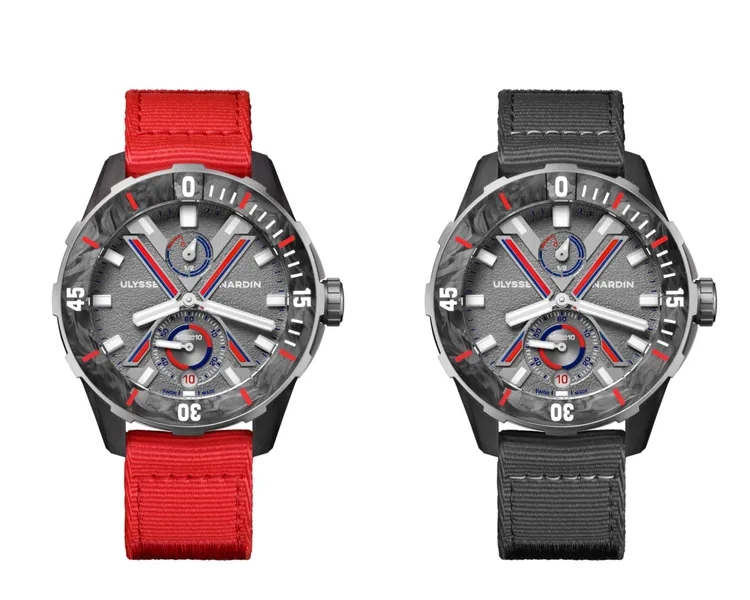 雅典錶潛水系列Diver NET腕錶旺代環球帆船賽限量版，44mm，95%回收再造精鋼錶殼，部分由回收漁網製成的紅色錶帶/100%由回收漁網製成的灰色錶帶，UN-118自製自動上鍊機芯，動力儲存60小時，防水深度300米，限量300只，43萬4000元。品牌提供
