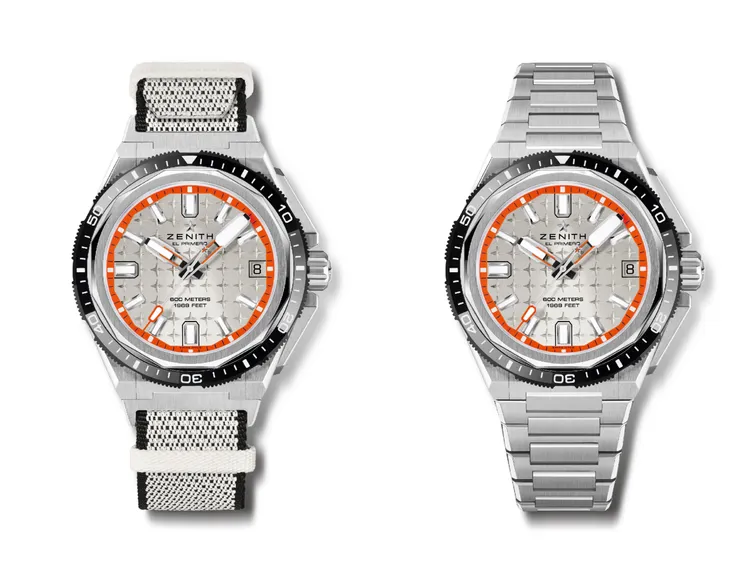 ZENITH DEFY Extreme Diver潛水腕錶，42.5mm，磨砂鈦金屬錶殼，銀色太陽紋錶盤，包含黑色橡膠、白色織物、金屬錶鍊3條錶帶，El Primero 3620 SC型機芯，動力儲存60小時，防水深度600米，39萬6700元。品牌提供
