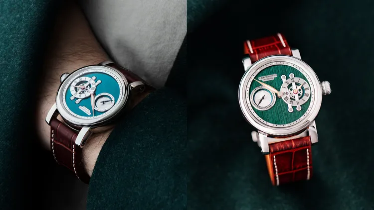 瑞寶Strike Two Highland腕錶的綠色CVD塗層錶盤，顏色會隨角度變化。品牌提供