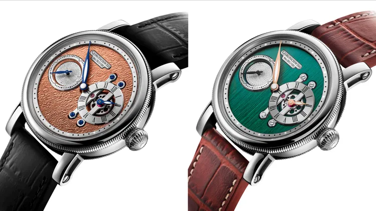 瑞寶Strike Two系列Terra（左圖）/Highland（右圖）腕錶，40mm，實心17件式不鏽鋼錶殼，水平式三針一線面盤，鱷魚皮壓紋小牛皮錶帶（另有橡膠錶帶可供選擇），瑞寶自製自動上鍊機芯 C. 6000，動力儲存55小時，防水深度30米，各限量100只，38萬8000元。品牌提供
