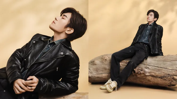 易烊千璽以黑色皮衣搭配煙草色麂皮款Space-Star Cube。品牌提供