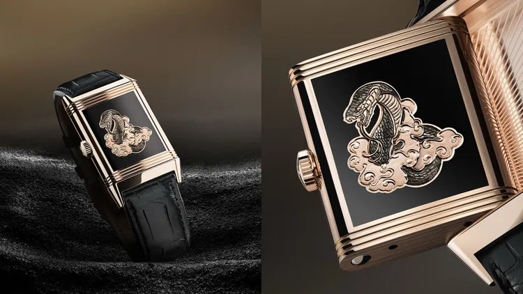 積家Reverso Tribute Enamel ‘Snake’ 翻轉系列琺瑯蛇年紀念腕錶，45.5*27.4mm，18K玫瑰金錶殼，黑色大明火琺瑯錶盤，黑色鱷魚皮錶帶，822型手動上鍊機械機芯，防水深度30米，動力儲存42小時，限量發行專屬訂製，361萬元。品牌提供
