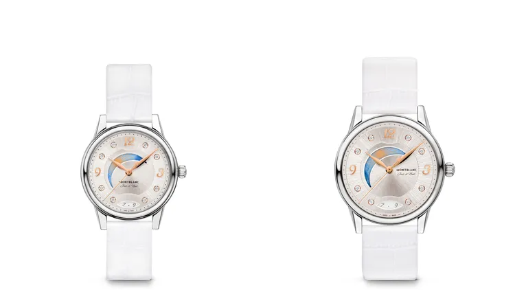 萬寶龍寶曦系列晝夜顯示腕錶，30mm/34mm，拋光處理精鋼錶殼，銀白色磨砂錶盤，白色小牛皮鱷魚紋錶帶，自製MB 24.20自動上鍊機芯，動力儲存42小時，防水深度30米，12萬9400元（30mm）、13萬1100元（34mm）。品牌提供
