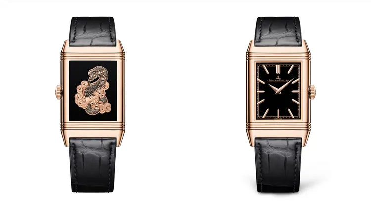 積家Reverso Tribute Enamel ‘Snake’ 翻轉系列琺瑯蛇年紀念腕錶，45.5*27.4mm，18K玫瑰金錶殼，黑色大明火琺瑯錶盤，黑色鱷魚皮錶帶，822型手動上鍊機械機芯，防水深度30米，動力儲存42小時，限量發行專屬訂製，361萬元。品牌提供
