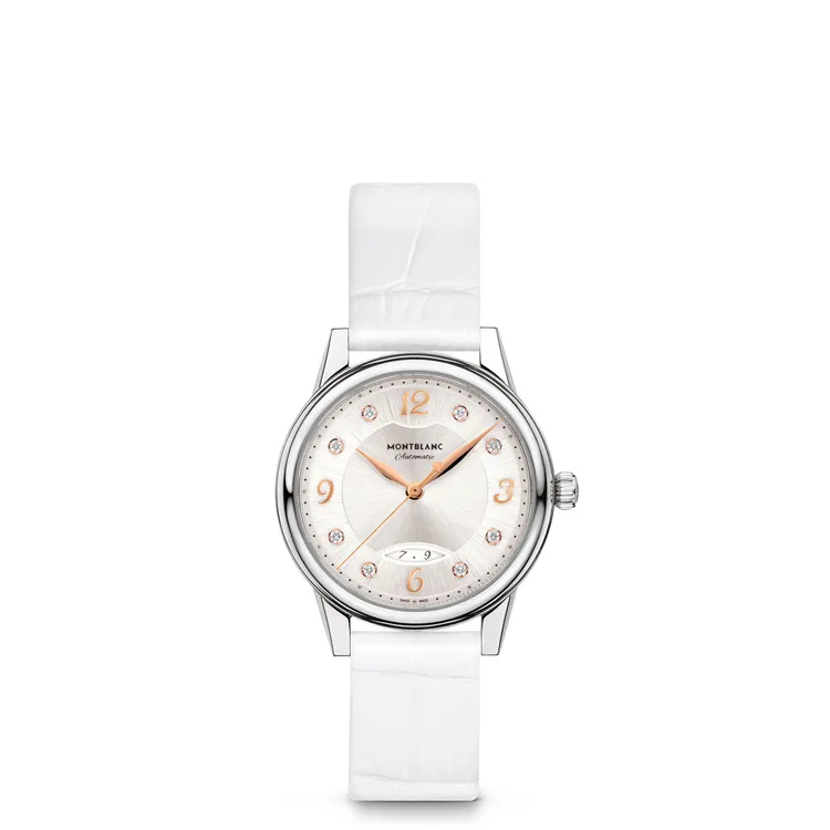 萬寶龍寶曦系列自動日期腕錶，30mm，拋光處理精鋼錶殼，銀白色磨砂錶盤，白色小牛皮鱷魚紋錶帶，自製MB 24.19自動上鍊機芯，動力儲存38小時，防水深度30米，10萬5900元。品牌提供

