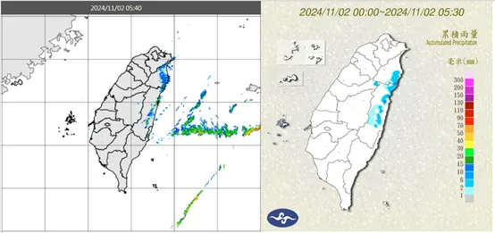 今(2日)晨5：40雷達回波合成圖顯示，宜蘭、花蓮有微弱回波(左圖)。5：30累積雨量圖顯示，宜蘭、花蓮有局部降雨(右圖)。氣象應用推廣基金會

