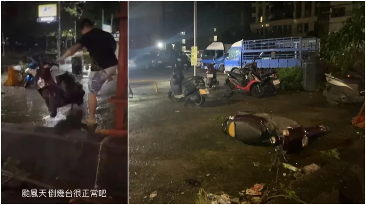 吳男趁颱風夜惡意將路邊機車踹倒。左翻攝《新莊爆料抱怨公社》臉書、右警方提供