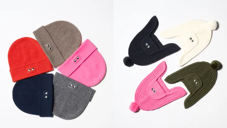 UNIQLO x ANYA HINDMARCH喀什米爾針織毛帽（左）各1290元、童裝HEATTECH針織帽（右）各590元。品牌提供