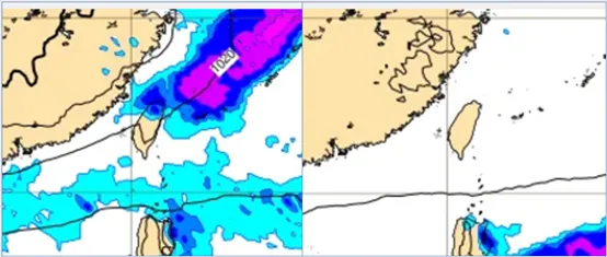 最新(25日20時)歐洲模式(ECMWF)，今(26)日8時模擬圖(左圖)顯示，鋒面掠過。下週(1)日模擬圖(右圖)顯示，「乾」冷氣團籠罩，各地晴朗無雨。氣象應用推廣基金會