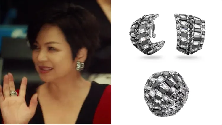 楊貴媚搭配SWAROVSKI Hyperbola耳環（右上）、Hyperbola戒指（右下），各1萬4000元。左圖翻攝Netflix、右圖品牌提供