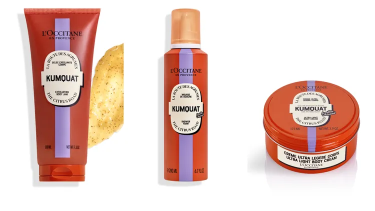 歐舒丹奇幻之旅康果乳油木系列（左起）去角質凝膠200ml／1460元、沐浴泡泡200ml／900元、舒芙身體霜175ml／1820元。品牌提供