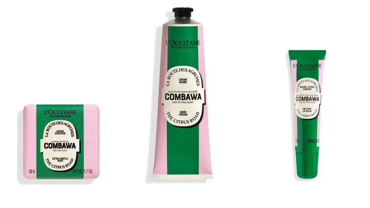 歐舒丹奇幻之旅卡菲爾乳油木系列（左起）香氛皂50g／260元、護手霜150ml／1180元、護唇膏12ml／420元。品牌提供