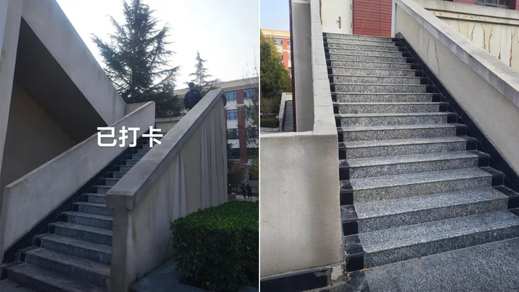 發生活春宮事件的樓梯，成為學生們搞笑拍照打卡的熱點。翻攝自抖音