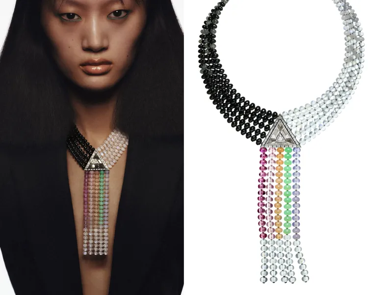 流光溢彩項鍊，白金和鉑金鑲嵌一顆18.41克拉三角形切割金紅石石英（當中鑲嵌一顆1.10克拉三角形切割鑽石）、長方形切割鑽石、白色、橙色和灰色月光石珍珠、黑色和灰色尖晶石、玉髓、綠玉髓、玫瑰石英和粉紅色電氣石。品牌提供