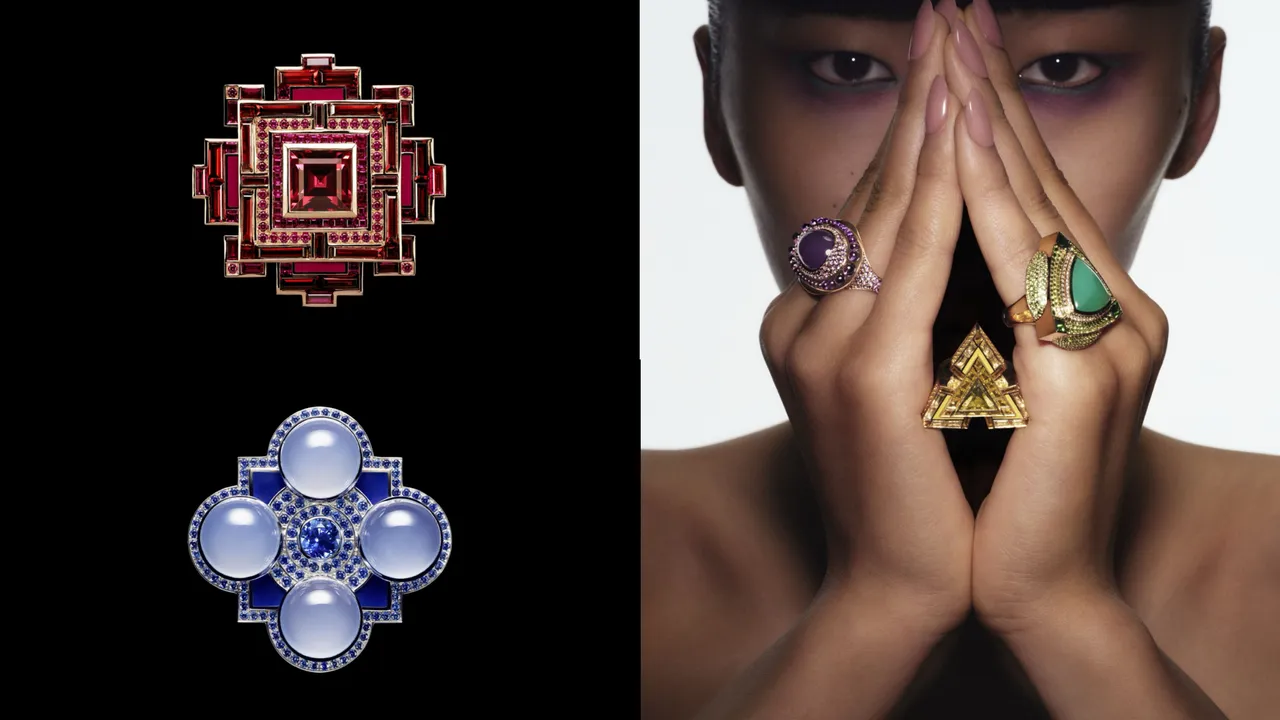 色彩肖像戒指(左上),玫瑰金鑲嵌一顆3.25克拉方形切割紅榴石
石榴石、長方形切割石榴石、明亮式切割和長方形切割紅寶石以及紅色漆面金屬;戒指(左下)白金鑲嵌一顆1.11克拉明亮式切割藍色藍寶石、凸圓面藍色玉髓和藍色藍寶石,以及藍色漆面金屬。品牌提供