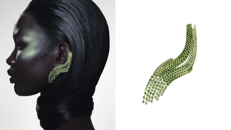 靈動彩筆單邊耳環，黃金鑲嵌單色沙弗萊石。品牌提供