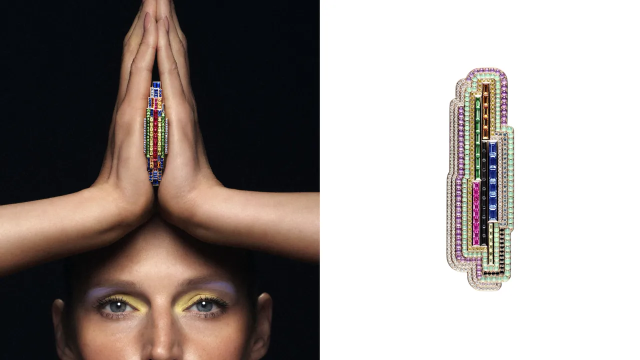 彩色快門手鐲(左圖),玫瑰金鑲嵌紅寶石、藍色和黃色藍寶石、沙弗萊石和錳鋁榴石(均為明亮式切割和長方形切割)以及紫水晶;胸針(右圖),玫瑰金鑲嵌紅寶石、黃色、藍色以及綠色藍寶石、沙弗萊石和錳鋁榴石、黑色尖晶石、綠玉髓、紫水晶和鑽石。品牌提供