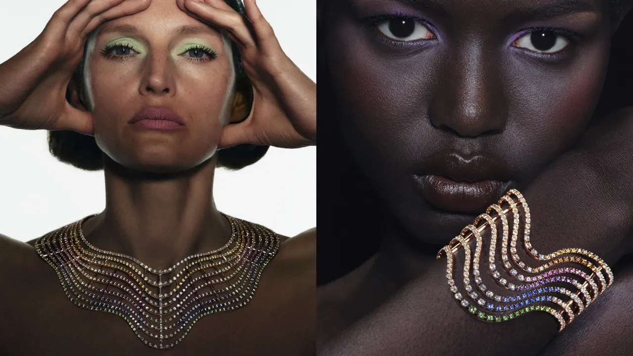 繽紛如虹項鍊(左圖),玫瑰金鑲嵌藍色、黃色和粉紅色藍寶石、沙弗萊石和錳鋁榴石、坦桑石、紫水晶以及明亮式切割和長方形切割鑽石;手鐲(右圖),玫瑰金鑲嵌藍色、黃色和粉紅色藍寶石、沙弗萊石和錳鋁榴石、坦桑石、紫水晶和鑽石。品牌提供