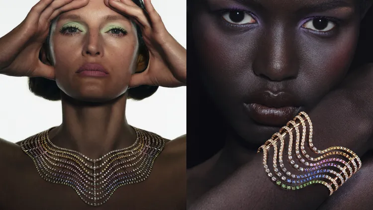 繽紛如虹項鍊（左圖），玫瑰金鑲嵌藍色、黃色和粉紅色藍寶石、沙弗萊石和錳鋁榴石、坦桑石、紫水晶以及明亮式切割和長方形切割鑽石；手鐲（右圖），玫瑰金鑲嵌藍色、黃色和粉紅色藍寶石、沙弗萊石和錳鋁榴石、坦桑石、紫水晶和鑽石。品牌提供