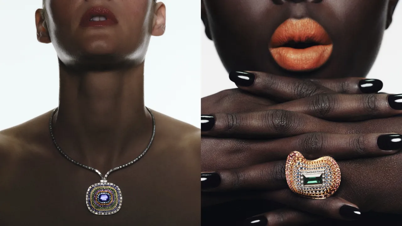 色彩氛圍項鍊(左圖),白金鑲嵌一顆3.97克拉祖母綠切割紫水晶、長方形切割和明亮式切割鑽石、坦桑石、棕色鑽石、沙弗萊石和錳鋁榴石、紫水晶和長方形切割海藍寶石,可以轉換變成雙指戒指;戒指(右圖),玫瑰金鑲嵌一顆4.01克拉祖母綠切割祖母綠寶石、長方形切割鑽石、橙棕色、綠色和淺藍色烏姆巴藍寶石以及錳鋁榴石。品牌提供