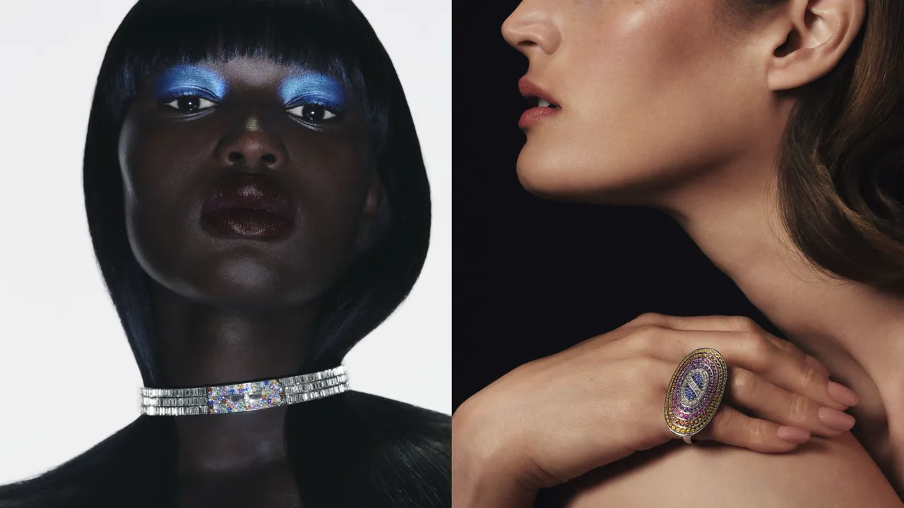 絢麗經典項鍊(左圖),白金鑲嵌長方形切割和方形切割鑽石、紫水晶、淡紫色、藍色、綠色、黃色和粉紅色藍寶石、海藍寶石、沙弗萊石和錳鋁榴石以及棕色鑽石;雙指戒指(右圖)白金鑲嵌藍色、黃色和粉紅色藍寶石、錳鋁榴石、紫水晶和鑽石。品牌提供