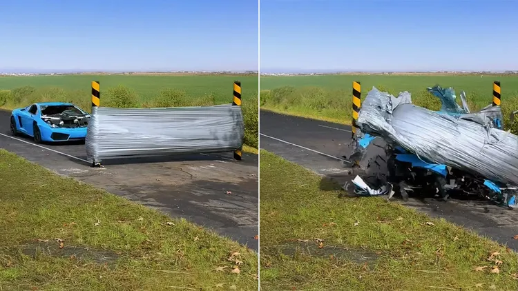 藍寶堅尼衝撞1.5萬捲膠帶組成的圍欄時，車輛已經嚴重毀損。翻攝自MrBeast YouTube