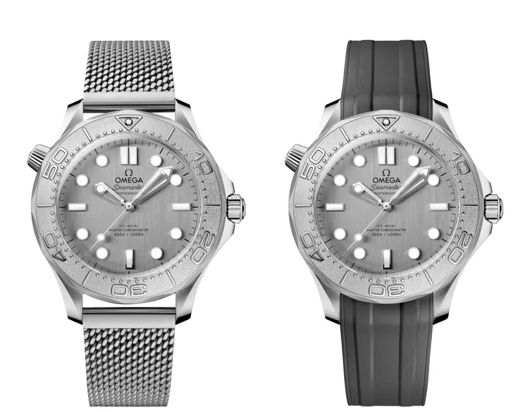 OMEGA海馬潛水300米系列腕錶，42mm，不鏽鋼錶殼，灰色PVD拉絲不鏽鋼錶盤，歐米茄8806自動上鍊機芯，動力儲存55小時，防水深度300米，不鏽鋼錶鍊款21萬5000元、橡膠錶帶款19萬6000元。品牌提供