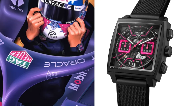 泰格豪雅Monaco鏤空計時腕錶粉紅款，39mm，黑色DLC 2級鈦金屬錶殼，黑色噴砂錶面，壓印黑色小牛皮與橡膠錶帶，Calibre Heuer 02(TH20-00) 自動上鍊機芯，防水深度100米，37萬200元。品牌提供
