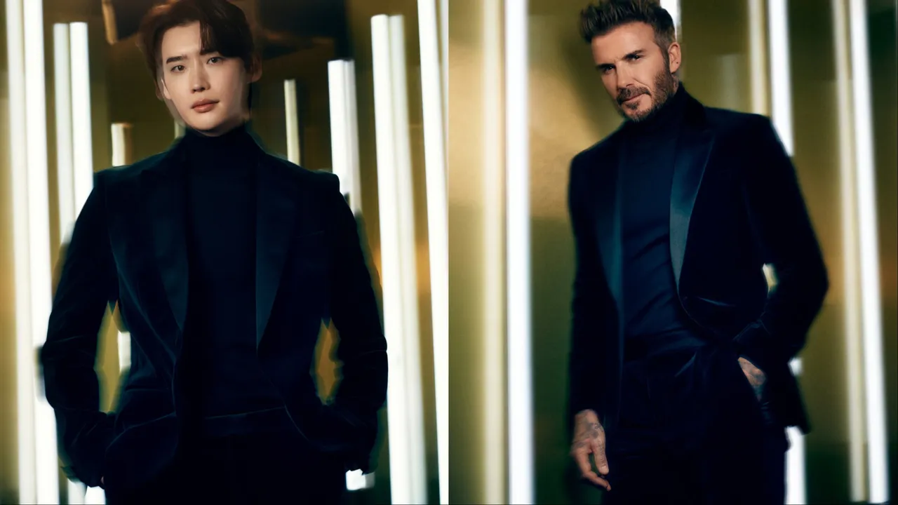 李鍾碩（左）、貝克漢（右）拍攝BOSS 2024 Holiday節日系列廣告企劃。品牌提供