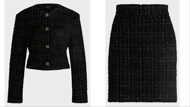BOSS黑色金屬光澤毛呢短外套（左）1萬5400元、黑色金屬光澤毛呢短裙（右）8900元。品牌提供