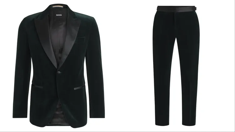 BOSS深綠色絲絨禮服式西裝外套（左）2萬1900元、深綠色絲絨禮服式西裝褲（右）8900元。品牌提供