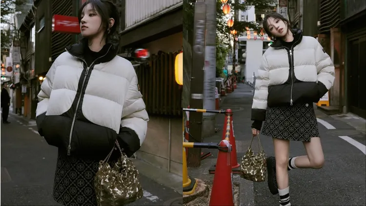 宋雨琦穿著黑白色羽絨外套搭配TORY BURCH T Monogram短裙。翻攝宋雨琦IG