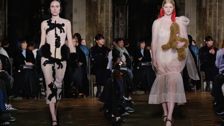 小狗圖樣被繡在透膚連身長裙上，或化身模特兒手上的絨毛玩偶包款。品牌提供