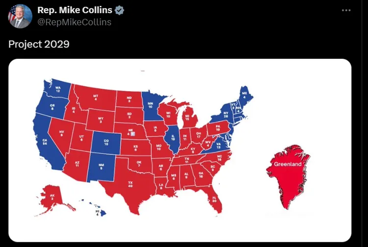 美國共和黨眾議員柯林斯在個人社群媒體X貼圖「2029計畫」，宣揚將格陵蘭變成共和黨的「紅州」。翻攝X@Mike Collins