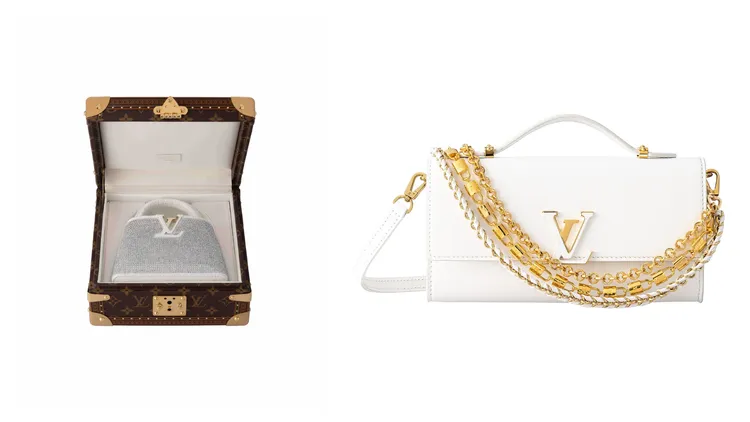 SOGO獨家商品Capucines Nano 水晶鑲綴與白色鱷魚皮提把翻蓋（左）74萬5000、Wallet On Chain Capucines白色小牛皮肩背包，13萬元。品牌提供