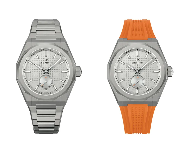ZENITH DEFY Skyline C.X Edition天際線系列限量款腕錶，41mm，橙色橡膠錶帶/精鋼錶殼，銀色太陽紋漸變色錶盤，精鋼錶鍊，El Primero 3620 SK機芯，動力儲存55小時，防水深度100米，43萬3100元。品牌提供
