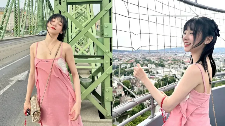 雨琦搭配Diesel粉色層疊感針織連衣裙。翻攝宋雨琦微博