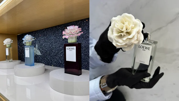 LOEWE x LLADRÓ限定合作香氛系列，擁有以手工雕琢瓷質花朵瓶蓋。張家玲攝