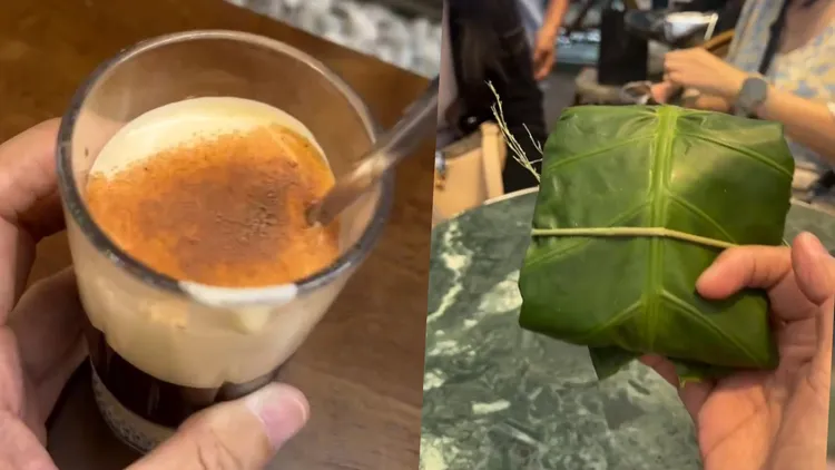 常如山在越南河內品嘗當地小吃，左為雞蛋咖啡，右為北越粽。