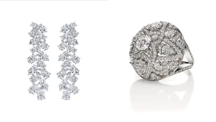 海瑞溫斯頓Winston Cluster系列垂墜鑽石耳環（左圖）、Lotus鑽石戒指（右圖）。品牌提供
