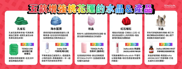 TENGA精選五款能增強性能量的水晶，並搭配相應的 TENGA & iroha 性運小物加持，讓你輕鬆打造個人的「性」運之道。業者提供