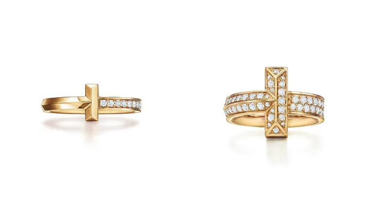 Tiffany T1 18K金窄版鑽石戒指（左圖）7萬4000元、T1 18K金寬版鋪鑲鑽石戒指（右圖）24萬4000元。品牌提供