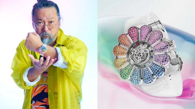 瑞士頂級製錶品牌宇舶再與當代藝術大師村上隆攜手合作，推出MP-15村上隆陀飛輪藍寶石彩虹腕錶，1154萬3000元。品牌提供