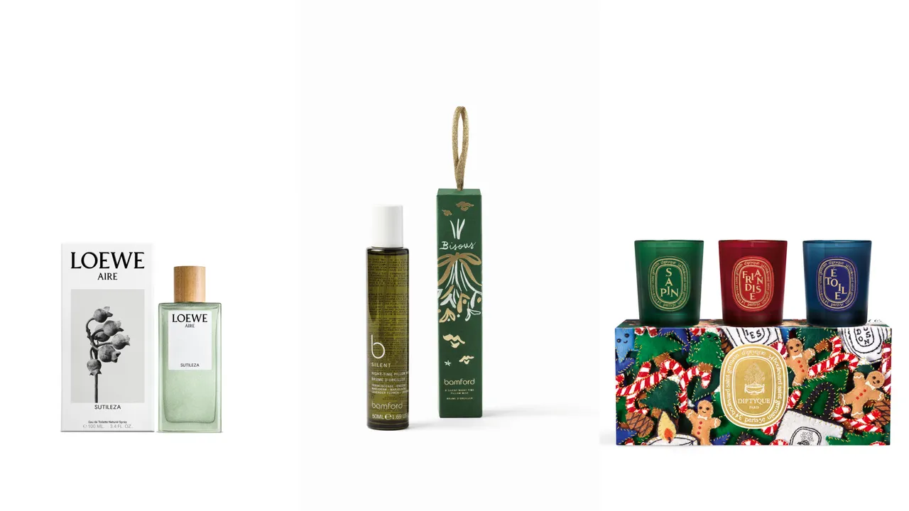 (左起)LOEWE奇蹟天光淡香水100ml/5735元、bamford限量甯靜枕頭噴霧50ml/1100元、Diptyque 2024聖誕限量蠟燭禮盒4800元。品牌提供