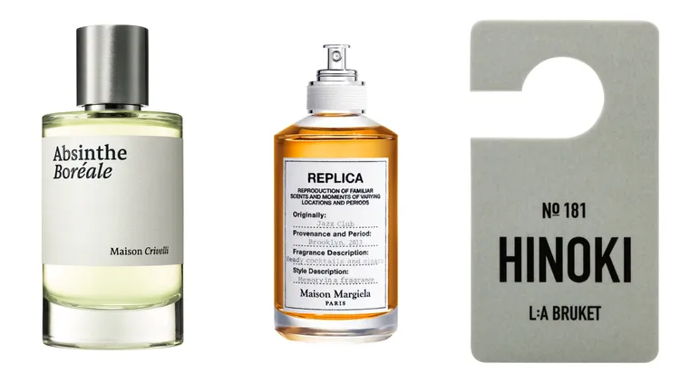 （左起）Maison Crivellli北境苦愛淡香精100ml／7200元、Margiela爵士酒廊淡香水100ml／5600元、L:A BRUKET 181香氛片-扁柏850元。品牌提供