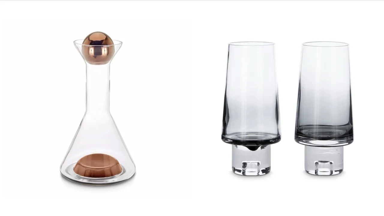 Tom Dixon Tank Decanter醒酒器(左圖)7800元、High Ball Glasses黑霧瀰漫威士忌高球對杯(右圖)4300元。品牌提供