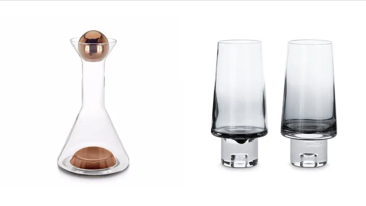 Tom Dixon Tank Decanter醒酒器（左圖）7800元、High Ball Glasses黑霧瀰漫威士忌高球對杯（右圖）4300元。品牌提供