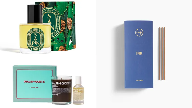 Perfumer H線香#墨水（右）1500元、Diptyque 2024聖誕限量冷杉室內噴霧（左上）50ml／1560元、MALIN+GOETZ 2024大麻草香氛禮盒（左下）4500元。品牌提供
