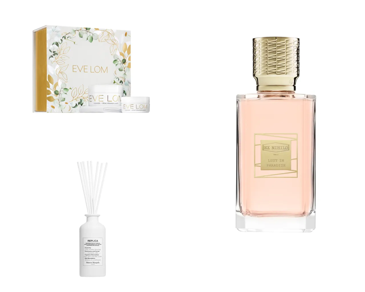 EX NIHILO迷幻樂土淡香精(右)100ml/9800元、EVE LOM全能深層清潔組(左上)2500元、Maison Margiela慵懶週末居家香氛(左下)185ml/4300元。品牌提供